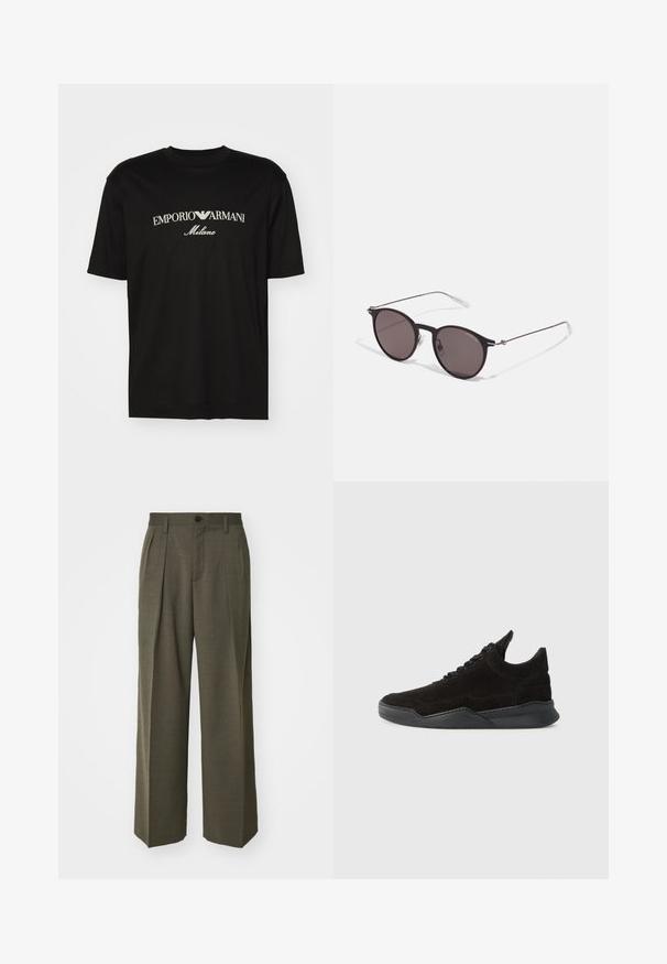 T-shirt en coton noir avec un col rond, des manches courtes et le logo "EMPORIO ARMANI" en blanc au-dessus de "Milano" dans un design incurvé.; Filippa K WIDE TROUSERS - Pantalon classique - driftwood; Baskets en suede noir avec un profil bas, une upper texturée, des lacets plats, et une semelle en caoutchouc solide dotée d'un léger talon et d'un design incurvé.; Lunettes de soleil noires rondes avec verres sombres et branches en métal fines. Comprend des embouts transparents et des accents argentés au niveau de la charnière. Design minimaliste.