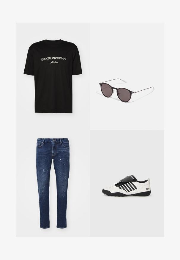 Schwarzes Baumwoll-T-Shirt mit Rundhalsausschnitt, kurzen Ärmeln und dem "EMPORIO ARMANI"-Logo in Weiß über dem geschwungenen Schriftzug "Milano".; Dunkelblaue Denim-Jeans mit schlankem Schnitt, die Farbkleckse, sichtbare Nähte und ein klassisches fünf-Taschen-Design aufweisen. Gerader Beinansatz.; Sneaker mit einer weißen, rissigen Struktur, schwarzen Akzenten, fünf horizontalen Streifen und einer gepolsterten Zunge in Schwarz mit der Beschriftung "1984". Schwarze Gummisohle.; Schwarze runde Sonnenbrille mit dunklen Gläsern und schlanken Metallbügeln. Enthält klare Tempelspitzen und silberne Akzente am Scharnier. Minimalistisches Design.