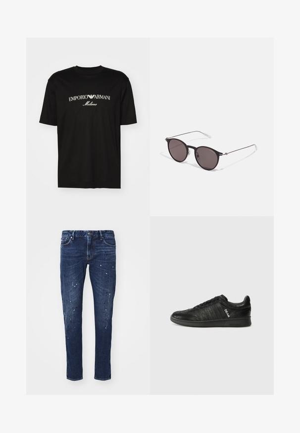Tricou negru din bumbac cu guler rotund, mâneci scurte și logo-ul "EMPORIO ARMANI" în alb deasupra cuvântului "Milano" într-un design curbat.; Jeans din denim de culoare albastru închis, cu o croială slim, prezentând stropi de vopsea, cusături vizibile și un design standard cu cinci buzunare. Croială dreaptă a piciorului.; Tenis negri din piele texturată, având o talpă plată, șireturi frontale și dungi laterale cu logo-ul "DEAN" în alb.; Ochelari de soare negri rotunzi cu lentile întunecate și brațe metalice subțiri. Include vârfuri transparente pentru brate și accente argintii la balama. Design minimalist.