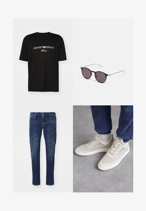 Svart bomulls T-skjorte med rund hals, korte ermer og "EMPORIO ARMANI" logo i hvitt over "Milano" i en buet design.; Mørkeblå denimjeans med smal passform, som har malingsplatter, synlige sømmer og standard fem-lomme design. Rett benkutt.; Beige sneakers med teksturert materiale, rund tå, snøring og minimalistisk design. Hvit såle med lys beige detaljer. Brukt sammen med marineblå joggebukser.; Sorte, runde solbriller med mørke linser og slanke metalarmer. Inkluderer klare temple tips og sølvfargede detaljer ved hengslet. Minimalistisk design.