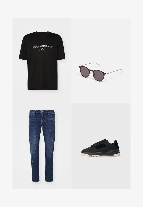 Černé bavlněné tričko s kulatým výstřihem, krátkými rukávy a logem "EMPORIO ARMANI" v bílém nad nápisem "Milano" v zakřiveném provedení.; Tmavě modré džíny s úzkým střihem, které mají skvrny od barvy, viditelné švy a standardní pětikošíkový design. Rovný střih nohavic.; Černé nízké tenisky s tlustou béžovou podrážkou, panely z semiše a kůže, a kulaté černé tkaničky, zobrazené v levém bočním profilu.; Černé kulaté sluneční brýle s tmavými skly a tenkými kovovými nohami. Obsahují průhledné koncovky nožiček a stříbrné akcenty na pantu. Minimalistický design.