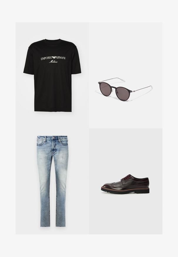 Musta puuvillapaita, jossa on pyöreä kaula-aukko, lyhyet hihat ja valkoinen "EMPORIO ARMANI" -logo, jonka yläpuolella on kaarevassa muodossa "Milano".; Vaaleansiniset farkut, joissa on haalistunut pinta, kapealla leikkauksella, viisi taskua ja erottuva ommel saumoissa.; Ruske nahkasaappaat brogelilla reikämallisella yksityiskohdalla, pyöreällä kärjellä, tekstiilivaroilla ja mustalla kumipohjalla, jossa on värillinen reuna.; Musta pyöreä aurinkolasit tummilla linsseillä ja kapeilla metallikehyksillä. Sisältää kirkkaat temppelet ja hopeiset yksityiskohdat saranassa. Minimalistinen muotoilu.