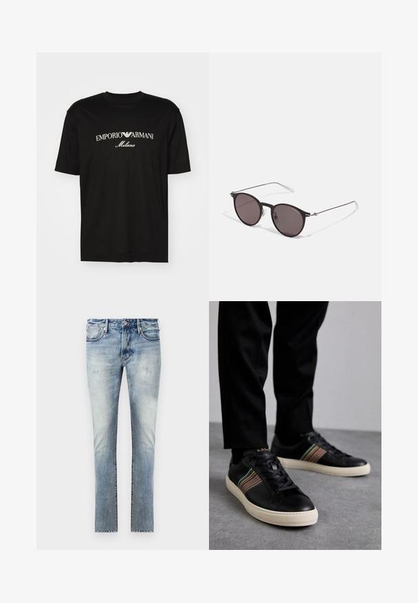Tricou negru din bumbac cu guler rotund, mâneci scurte și logo-ul "EMPORIO ARMANI" în alb deasupra cuvântului "Milano" într-un design curbat.; Jeans din denim de culoare albastru deschis, cu un finisaj decolorat, design slim fit, cinci buzunare și cusături contrastante la cusături.; Adidași din piele neagră cu accente multicolore în dungi, vârf rotund și tălpi din cauciuc alb, având un design cu șireturi și branding embosat.; Ochelari de soare negri rotunzi cu lentile întunecate și brațe metalice subțiri. Include vârfuri transparente pentru brate și accente argintii la balama. Design minimalist.