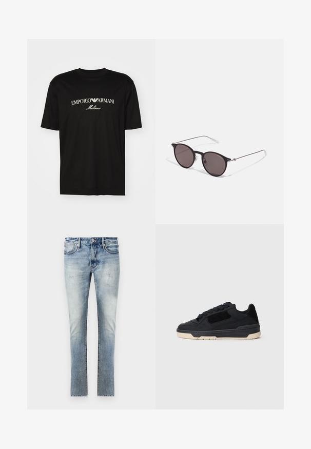 Čierne bavlnené tričko s okrúhlym výstrihom, krátkymi rukávmi a bielym logom "EMPORIO ARMANI" nad textom "Milano" v zakrivenej línii.; Svetlomodré denimové nohavice s vyblednutým povrchom, úzky strih, päť vreciek a kontrastné prešitie na švoch.; Čierne nízke tenisky s hrubou béžovou podrážkou, semišovými a koženými panelmi, a okrúhlymi čiernymi šnúrkami, zobrazené v ľavom bočnom profile.; Čierne okrúhle slnečné okuliare s tmavými sklami a tenkými kovovými ramenami. Obsahujú priehľadné konce rámov a strieborné akcenty na pántoch. Minimalistický dizajn.