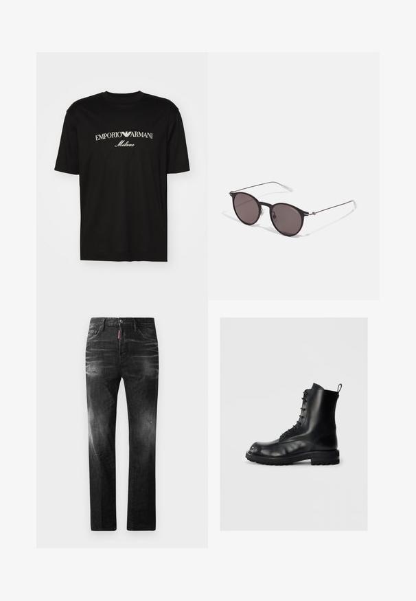 Crna pamučna majica s okruglim izrezom, kratkim rukavima i bijelim logotipom "EMPORIO ARMANI" iznad riječi "Milano" u zakrivljenom dizajnu.; Crne traperice od denima ravnog kroja. Imaju izbljedjela područja, male oštećenja, klasičan dizajn s pet džepova i kopčanje na dugme.; Crne kožne čizme na vezivanje s debelim đonom i petljom za povlačenje na ravnoj svijetloj pozadini, bočni pogled koji prikazuje lijevu čizmu.; Crne okrugle sunčane naočale s tamnim staklima i tankim metalnim ručkama. Uključuju prozirne vrhove ručki i srebrne naglaske na šarkama. Minimalistički dizajn.