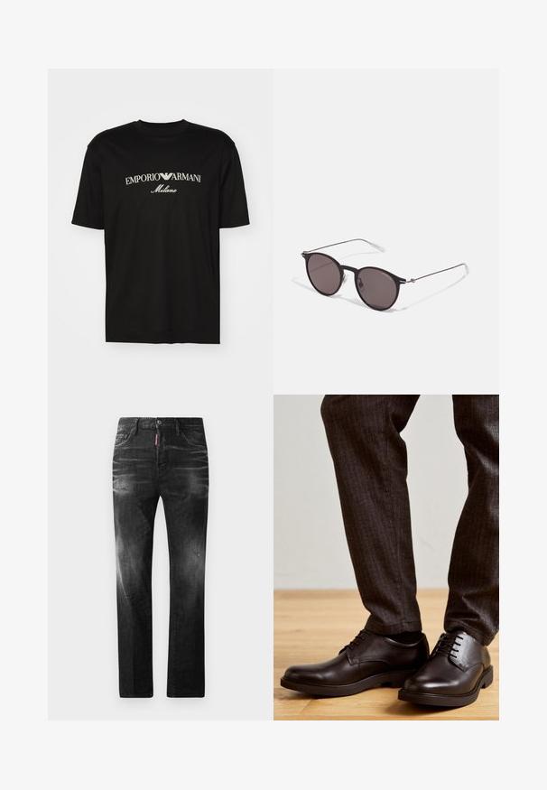 T-shirt in cotone nero con scollatura rotonda, maniche corte e logo "EMPORIO ARMANI" in bianco sopra "Milano" in una disposizione curva.; Jeans in denim nero con vestibilità dritta. Presentano aree sbiadite, leggeri segni di usura, classico design a cinque tasche e chiusura con bottone.; Scarpe eleganti in pelle nera con una finitura lucida, punta tonda e lacci tonali, abbinate a pantaloni grigi a righe sottili, su un pavimento di legno.; Occhiali da sole neri rotondi con lenti scure e sottili bracci in metallo. Include punte trasparenti e accenti argentati alla cerniera. Design minimalista.