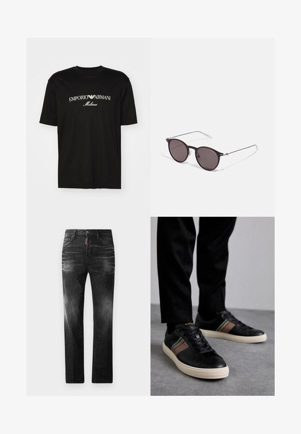Fekete pamut póló, kerek nyakkal, rövid ujjakkal, rajta fehér "EMPORIO ARMANI" logó, a "Milano" felirattal ívelt formában.; Fekete farmernadrág egyenes szabással. Fakadó területek, kisebb kopások, klasszikus öt zsebes kialakítás és gombos zárás jellemzi.; Fekete bőr sportcipők színes csíkozással, kerek orral és fehér gumitalppal, fűzős kialakítással és dombornyomott logóval.; Fekete kerek napszemüveg sötét lencsékkel és karcsú fém szárakkal. Átlátszó szárvégeket és ezüst részleteket tartalmaz az ívnél. Minimalista dizájn.