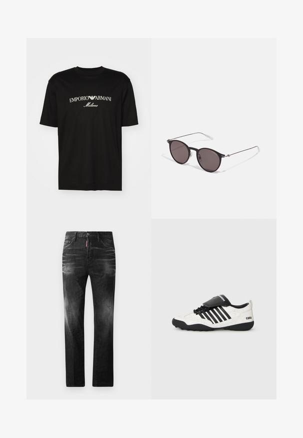 Fekete pamut póló, kerek nyakkal, rövid ujjakkal, rajta fehér "EMPORIO ARMANI" logó, a "Milano" felirattal ívelt formában.; Fekete farmernadrág egyenes szabással. Fakadó területek, kisebb kopások, klasszikus öt zsebes kialakítás és gombos zárás jellemzi.; Fehér repedezett textúrájú sneaker, fekete részletekkel, öt vízszintes csíkkal és fekete párnázott nyelvvel, amelyen az "1984" felirat található. Fekete gumitalp.; Fekete kerek napszemüveg sötét lencsékkel és karcsú fém szárakkal. Átlátszó szárvégeket és ezüst részleteket tartalmaz az ívnél. Minimalista dizájn.