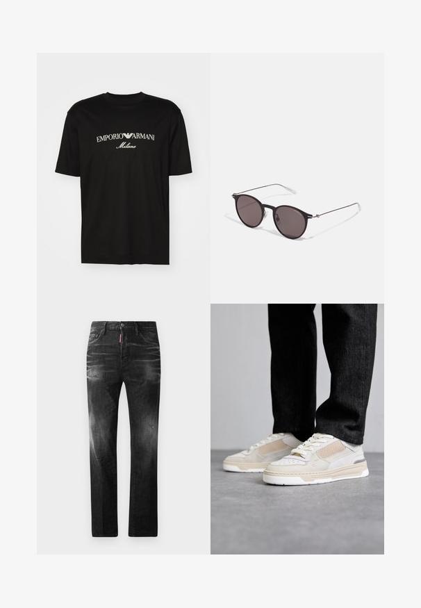 T-shirt in cotone nero con scollatura rotonda, maniche corte e logo "EMPORIO ARMANI" in bianco sopra "Milano" in una disposizione curva.; Jeans in denim nero con vestibilità dritta. Presentano aree sbiadite, leggeri segni di usura, classico design a cinque tasche e chiusura con bottone.; Filling Pieces CRUISER CRUMBS - Sneakers basse - white; Occhiali da sole neri rotondi con lenti scure e sottili bracci in metallo. Include punte trasparenti e accenti argentati alla cerniera. Design minimalista.