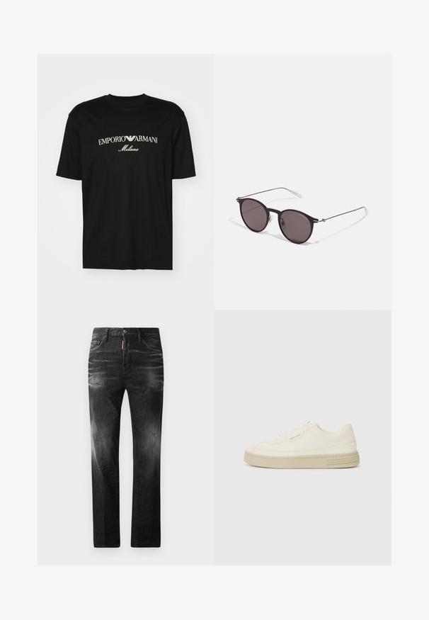 T-shirt de algodão preta com gola redonda, mangas curtas e o logo "EMPORIO ARMANI" em branco acima de "Milano" num design curvo.; Jeans de denim preto com um corte reto. Apresentam áreas desbotadas, ligeira degradação, design clássico de cinco bolsos e um fecho de botão.; Ténis de tela brancos com sola de borracha texturizada, apresentando uma biqueira cosida e um detalhe com o logótipo no calcanhar. Design simples com atacadores.; Óculos de sol redondos pretos com lentes escuras e hastes metálicas finas. Inclui pontas de templo transparentes e detalhes em prata na dobradiça. Design minimalista.