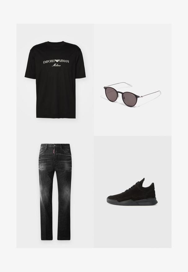 T-shirt en coton noir avec un col rond, des manches courtes et le logo "EMPORIO ARMANI" en blanc au-dessus de "Milano" dans un design incurvé.; Jean en denim noir avec une coupe droite. Présente des zones décolorées, un léger effet usé, un design classique à cinq poches et une fermeture à bouton.; Baskets en suede noir avec un profil bas, une upper texturée, des lacets plats, et une semelle en caoutchouc solide dotée d'un léger talon et d'un design incurvé.; Lunettes de soleil noires rondes avec verres sombres et branches en métal fines. Comprend des embouts transparents et des accents argentés au niveau de la charnière. Design minimaliste.