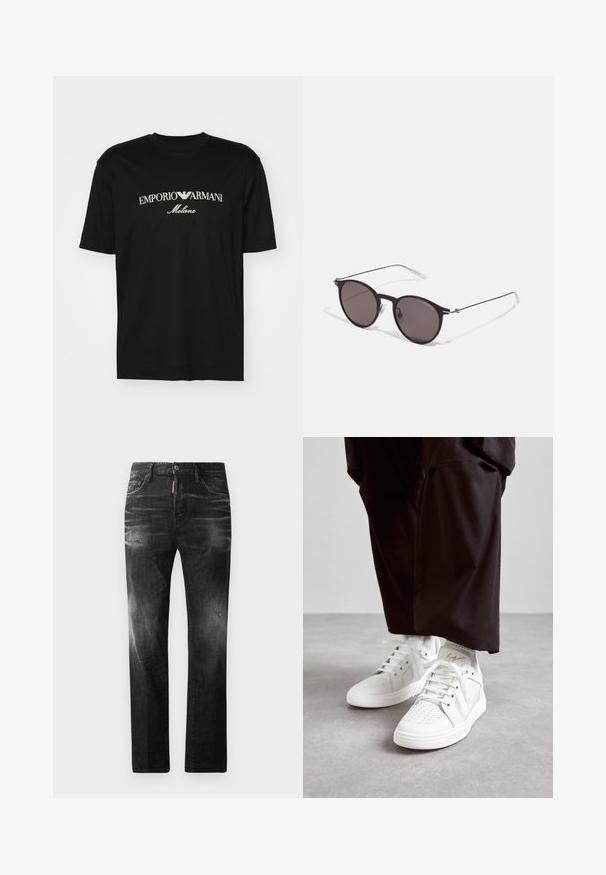T-shirt de algodão preta com gola redonda, mangas curtas e o logo "EMPORIO ARMANI" em branco acima de "Milano" num design curvo.; Jeans de denim preto com um corte reto. Apresentam áreas desbotadas, ligeira degradação, design clássico de cinco bolsos e um fecho de botão.; Sapatilhas altas brancas feitas de couro liso apresentam detalhes de perfuração na biqueira, atacadores brancos planos e um discreto acabamento dourado no calcanhar.; Óculos de sol redondos pretos com lentes escuras e hastes metálicas finas. Inclui pontas de templo transparentes e detalhes em prata na dobradiça. Design minimalista.