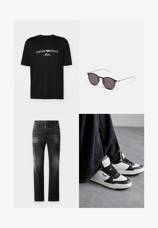 Black cotton T-shirt featuring a round neckline, short sleeves, and "EMPORIO ARMANI" logo in white above "Milano" in a curved design.; Black denim jeans with a straight fit. Features faded areas, minor distressing, classic five-pocket design, and a button closure.; Black and white high-top sneakers with a textured black lace detail, leather and synthetic material, featuring a logo on the side.; Black round sunglasses with dark lenses and slim metal arms. Includes clear temple tips and silver accents at the hinge. Minimalist design.
