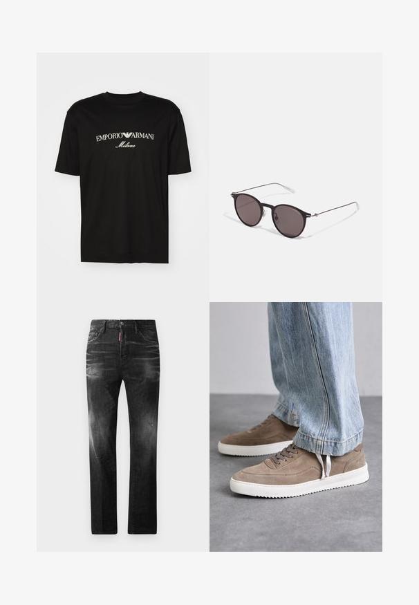 T-shirt de algodão preta com gola redonda, mangas curtas e o logo "EMPORIO ARMANI" em branco acima de "Milano" num design curvo.; Jeans de denim preto com um corte reto. Apresentam áreas desbotadas, ligeira degradação, design clássico de cinco bolsos e um fecho de botão.; Tênis de camurça castanho com solas de borracha brancas, apresentando atacadores redondos e um design de perfil baixo. Os jeans cobrem parcialmente os sapatos.; Óculos de sol redondos pretos com lentes escuras e hastes metálicas finas. Inclui pontas de templo transparentes e detalhes em prata na dobradiça. Design minimalista.
