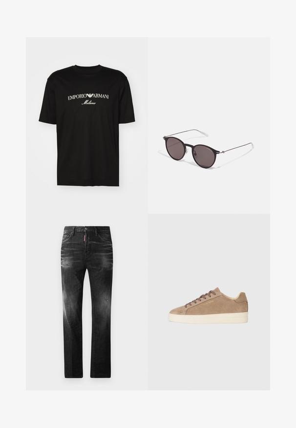 Svart bomull T-shirt med rund halsringning, korta ärmar och "EMPORIO ARMANI" logotyp i vitt ovanför "Milano" i en rundad design.; Svarta denimjeans med rak passform. Har blekta områden, mindre slitningar, klassisk femficksdesign och knäppning med knapp.; Beige mockasinsneaker med rund tå, krämfärgad gummisula och bruna snören. Har ett präglat logotyp på sidan och strukturerat material.; Svarta runda solglasögon med mörka linser och smala metallarmar. Inkluderar klara tempeltips och silverdetaljer vid gångjärnet. Minimalistisk design.