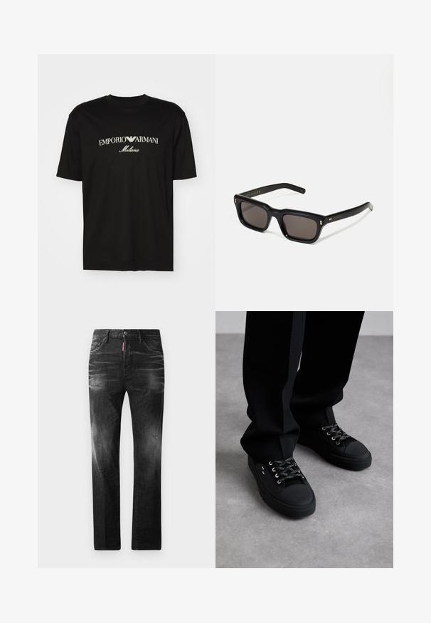 Black cotton T-shirt featuring a round neckline, short sleeves, and "EMPORIO ARMANI" logo in white above "Milano" in a curved design.; Black denim jeans with a straight fit. Features faded areas, minor distressing, classic five-pocket design, and a button closure.; Black sneakers feature a mesh upper with rubber toes, metal eyelets, and contrasting laces. Paired with black trousers on a gray surface.; Black rectangular sunglasses with dark lenses, thick plastic frame, gold accents on temples, and brand logo engraved on the arm.