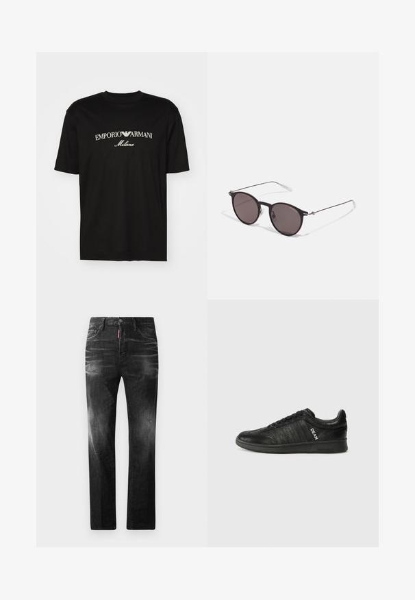 T-shirt en coton noir avec un col rond, des manches courtes et le logo "EMPORIO ARMANI" en blanc au-dessus de "Milano" dans un design incurvé.; Jean en denim noir avec une coupe droite. Présente des zones décolorées, un léger effet usé, un design classique à cinq poches et une fermeture à bouton.; Sneaker noire en cuir texturé, dotée d'une semelle plate, d'un laçage à l'avant et de rayures latérales avec le logo "DEAN" en blanc.; Lunettes de soleil noires rondes avec verres sombres et branches en métal fines. Comprend des embouts transparents et des accents argentés au niveau de la charnière. Design minimaliste.