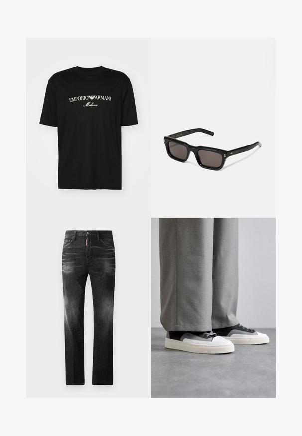 Black cotton T-shirt featuring a round neckline, short sleeves, and "EMPORIO ARMANI" logo in white above "Milano" in a curved design.; Black denim jeans with a straight fit. Features faded areas, minor distressing, classic five-pocket design, and a button closure.; Filling Pieces RIVIERA - Trainers - grey; Black rectangular sunglasses with dark lenses, thick plastic frame, gold accents on temples, and brand logo engraved on the arm.