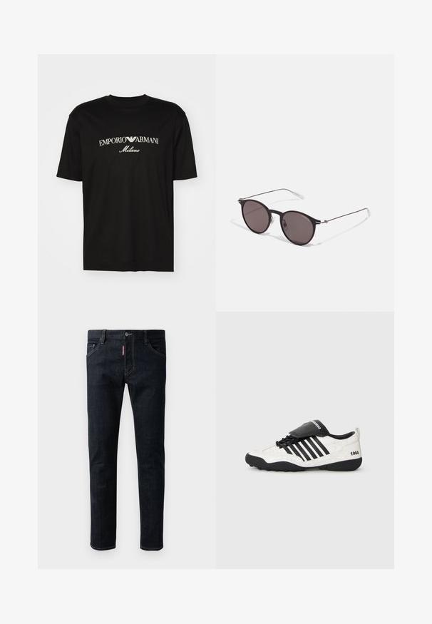 T-shirt in cotone nero con scollatura rotonda, maniche corte e logo "EMPORIO ARMANI" in bianco sopra "Milano" in una disposizione curva.; Jeans in denim blu scuro con una vestibilità slim, dotati di chiusura a bottone, cinque tasche e cuciture gialle a contrasto lungo le cuciture.; Sneaker con texture bianca screpolata, dettagli neri, cinque strisce orizzontali e linguetta imbottita nera etichettata "1984". Suola in gomma nera.; Occhiali da sole neri rotondi con lenti scure e sottili bracci in metallo. Include punte trasparenti e accenti argentati alla cerniera. Design minimalista.