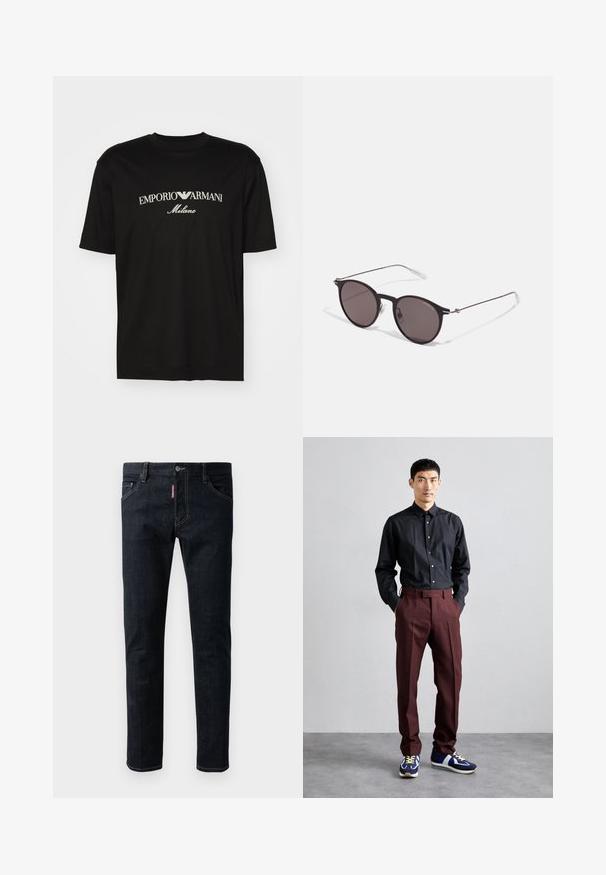 T-shirt in cotone nero con scollatura rotonda, maniche corte e logo "EMPORIO ARMANI" in bianco sopra "Milano" in una disposizione curva.; Jeans in denim blu scuro con una vestibilità slim, dotati di chiusura a bottone, cinque tasche e cuciture gialle a contrasto lungo le cuciture.; Camicia nera a maniche lunghe con bottoni abbinata a pantaloni bordeaux a vita alta e sneakers blu con accenti verdi. Il modello sta in piedi con le mani in tasca.; Occhiali da sole neri rotondi con lenti scure e sottili bracci in metallo. Include punte trasparenti e accenti argentati alla cerniera. Design minimalista.