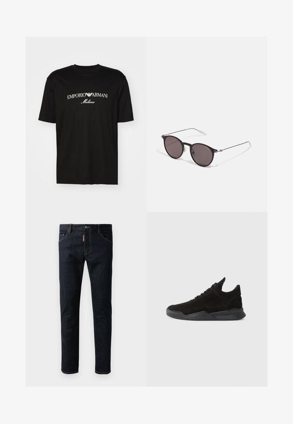 Melnā kokvilnas T-kreklu ar apaļu kakla izgriezumu, īsām piedurknēm un balto "EMPORIO ARMANI" logotipu virs vārda "Milano" izliektā dizainā.; Tumši zilas džinsas ar šauru piegriezumu, ar pogu aizdari, piecām kabatām un kontrastējošu dzeltenu dūrienu uz šuvēm.; Melnas zamšādas sporta kurpes ar zemu profilu, teksturētu augšdaļu, plakaniem šņorēm un cietu gumijas zolīti ar nelielu papēdi un izliekumu dizainā.; Melni apaļi saulesbrilles ar tumšiem lēca un plānām metāla stangām. Iekļautas caurspīdīgas tempļu galviņas un sudraba akcenti pie eņģes. Minimalistisks dizains.