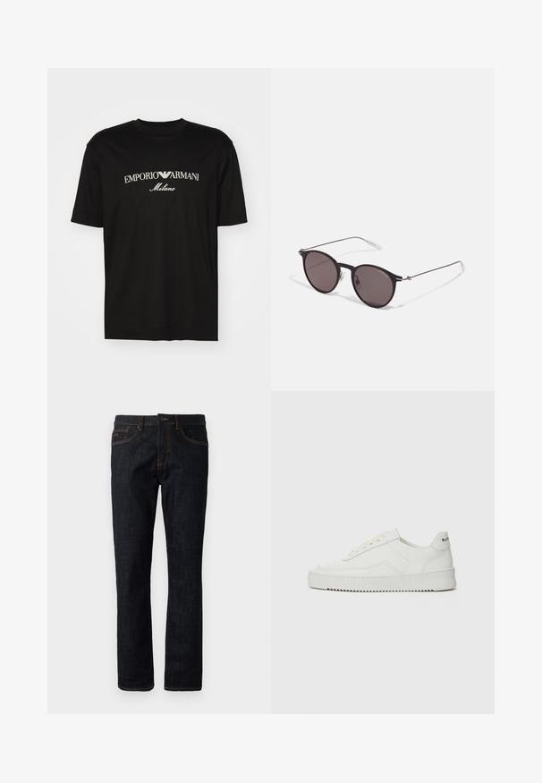 T-shirt de algodão preta com gola redonda, mangas curtas e o logo "EMPORIO ARMANI" em branco acima de "Milano" num design curvo.; Jeans ajustados de cor azul escura com costura laranja, fecho de botão e design de cinco bolsos, exibidos de forma plana contra um fundo branco.; Sapatilha de couro branco com acabamento suave, bico redondo, atacadores planos e uma sola texturizada. Apresenta um logotipo discreto no calcanhar.; Óculos de sol redondos pretos com lentes escuras e hastes metálicas finas. Inclui pontas de templo transparentes e detalhes em prata na dobradiça. Design minimalista.