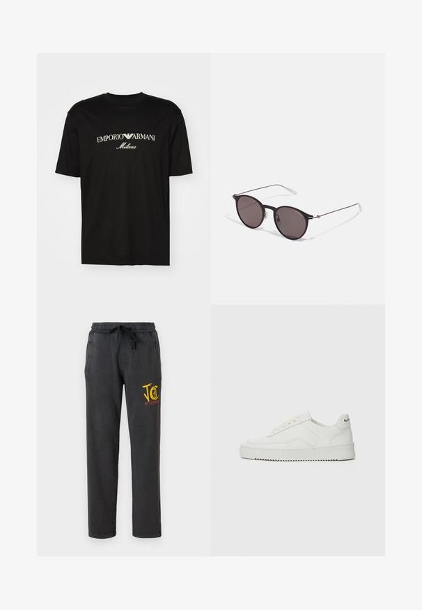Sort bomulds T-shirt med rund halsudskæring, korte ærmer og "EMPORIO ARMANI" logo i hvid over "Milano" i et buet design.; Mørkegrå sweatpants med elastisk talje og snøre. Har sidelommer og et flerfarvet grafik på venstre lår.; Hvide lædersneakers med en glat overflade, rund tå, flade snørebånd og en tekstureret sål. Har et diskret logo på hælen.; Sorte runde solbriller med mørke linser og slanke metalarme. Inkluderer klare tempeltips og sølvdetaljer ved hængslet. Minimalistisk design.