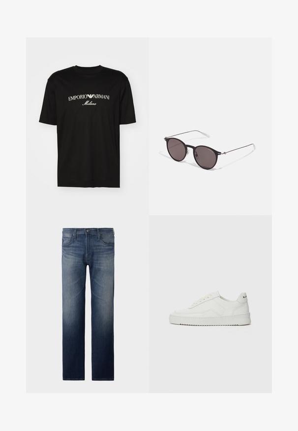 Svart bomulls T-skjorte med rund hals, korte ermer og "EMPORIO ARMANI" logo i hvitt over "Milano" i en buet design.; Straight-leg jeans i mørkeblå vask. Har fem lommer, glidelås og knappelukking. Lett falmet tekstur på låret. Denimplagg.; Hvite lærersneakers med en jevn overflate, rund tå, flate lisser og en teksturert såle. Har en subtil logo på hælen.; Sorte, runde solbriller med mørke linser og slanke metalarmer. Inkluderer klare temple tips og sølvfargede detaljer ved hengslet. Minimalistisk design.