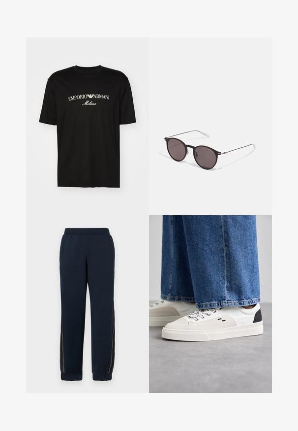 T-shirt de algodão preta com gola redonda, mangas curtas e o logo "EMPORIO ARMANI" em branco acima de "Milano" num design curvo.; Calças de moletão azul-marinho com uma textura suave, punhos estreitos e painéis laterais em malha. Cintura elástica para conforto e ajuste casual.; Sapatilhas brancas e pretas com um upper de couro suave, detalhes texturizados e uma sola branca grossa. Apresenta um design clássico de atacadores.; Óculos de sol redondos pretos com lentes escuras e hastes metálicas finas. Inclui pontas de templo transparentes e detalhes em prata na dobradiça. Design minimalista.
