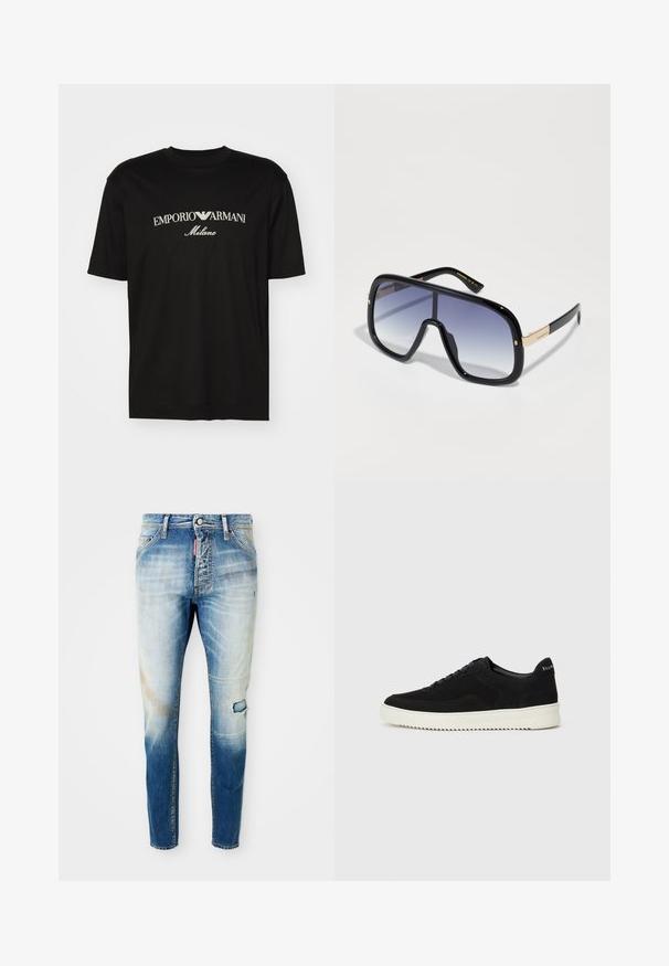 Fekete pamut póló, kerek nyakkal, rövid ujjakkal, rajta fehér "EMPORIO ARMANI" logó, a "Milano" felirattal ívelt formában.; Világoskék, elhalványult skinny farmernadrág, a jobb combon egy kis szakítással és egy piros márkajelzéssel a cipzár közelében.; Fekete velúr sportcipő fűzős dizájnnal és kontrasztos fehér gumitalppal. Jellemzői a textúrázott oldalpanelek és a diszkrét logó a sarokon.; Túlságosan nagy fekete napszemüveg, átmeneti lila lencsével, fényes felülettel és arany részletekkel a szárakon. Téglalap alakú keret.