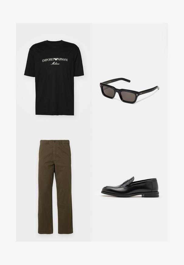 Black cotton T-shirt featuring a round neckline, short sleeves, and "EMPORIO ARMANI" logo in white above "Milano" in a curved design.; Men’s straight-leg brown cotton trousers with belt loops, front button, and zip closure against a light background.; Black leather loafers with a smooth texture, rounded toe, and a decorative strap across the vamp. Low stacked heel, minimalist design.; Black rectangular sunglasses with dark lenses, thick plastic frame, gold accents on temples, and brand logo engraved on the arm.