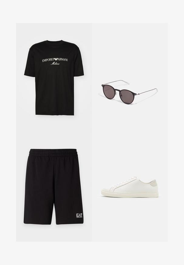 Čierne bavlnené tričko s okrúhlym výstrihom, krátkymi rukávmi a bielym logom "EMPORIO ARMANI" nad textom "Milano" v zakrivenej línii.; Čierne športové šortky vyrobené z mäkkej tkaniny, s elastickým pásom a malým bielym logom na dolnej pravej strane.; Biele kožené tenisky s hladkým povrchom, okrúlym špičkou a minimalistickým dizajnom. Obsahujú béžové akcenty na päte a gumovú podrážku.; Čierne okrúhle slnečné okuliare s tmavými sklami a tenkými kovovými ramenami. Obsahujú priehľadné konce rámov a strieborné akcenty na pántoch. Minimalistický dizajn.