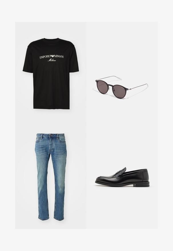 T-shirt de algodão preta com gola redonda, mangas curtas e o logo "EMPORIO ARMANI" em branco acima de "Milano" num design curvo.; Calças de ganga azul para homem com corte reto, apresentando um tom mais claro, design de cinco bolsos e fecho com botão de metal.; Mocassins de couro preto com uma textura suave, bico arredondado e uma faixa decorativa sobre o peito do pé. Salto baixo e empilhado, design minimalista.; Óculos de sol redondos pretos com lentes escuras e hastes metálicas finas. Inclui pontas de templo transparentes e detalhes em prata na dobradiça. Design minimalista.