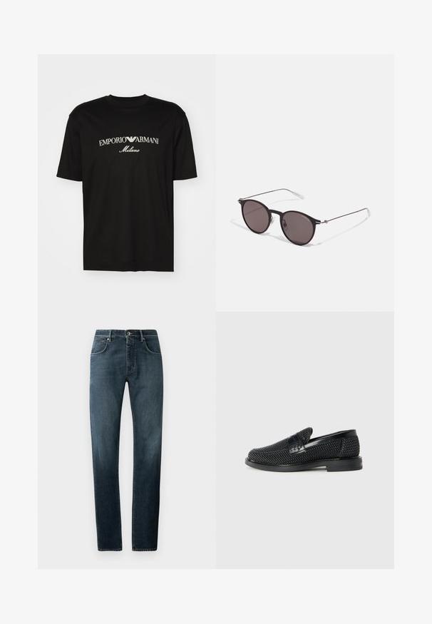 Svart bomulls T-skjorte med rund hals, korte ermer og "EMPORIO ARMANI" logo i hvitt over "Milano" i en buet design.; Mørk denimjeans med rett passform, klassisk fem-lomme design, kontraststing og en subtil falmet effekt på lårene.; Sorte vevde slip-on sko med en glatt lærdetalj på overdelen, design med rund tå og en lavprofil gummisåle.; Sorte, runde solbriller med mørke linser og slanke metalarmer. Inkluderer klare temple tips og sølvfargede detaljer ved hengslet. Minimalistisk design.