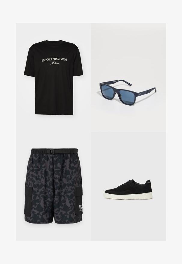 Must must T-särk, millel on ümmargune kaelus, lühikesed варст и väljend "EMPORIO ARMANI" valgete tähtedega, mille all on kõveras kujunduses sõna "Milano".; Mustad lühikesed püksid tumeda kamuflaažimustriga, elastse vöökoha, küljetaskute ja pandlaga vööga. Valmistatud kergest ja mugavast materjalist.; Mustad suede jooksujalatsid, millel on paelad ja kontrastne valge kummitald. Omab tekstuuriga külgpaneele ja tagasihoidlikku brändimist kandadel.; Sinine ristkülikukujuline prillid tumedate läätsedega, matt laevastiku raam, logo detail templil, sirged käed ja kindel, sile tekstuur.