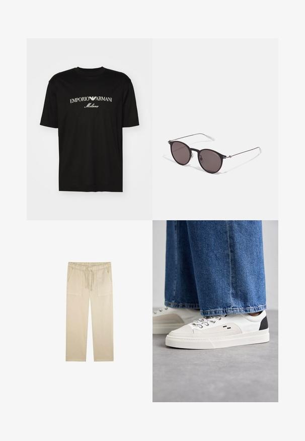 T-shirt en coton noir avec un col rond, des manches courtes et le logo "EMPORIO ARMANI" en blanc au-dessus de "Milano" dans un design incurvé.; Scalpers BRIMI - Pantalon classique - sand; Baskets blanches et noires avec une tige en cuir lisse, des accents texturés et une semelle épaisse blanche. Présentent un design classique à lacets.; Lunettes de soleil noires rondes avec verres sombres et branches en métal fines. Comprend des embouts transparents et des accents argentés au niveau de la charnière. Design minimaliste.