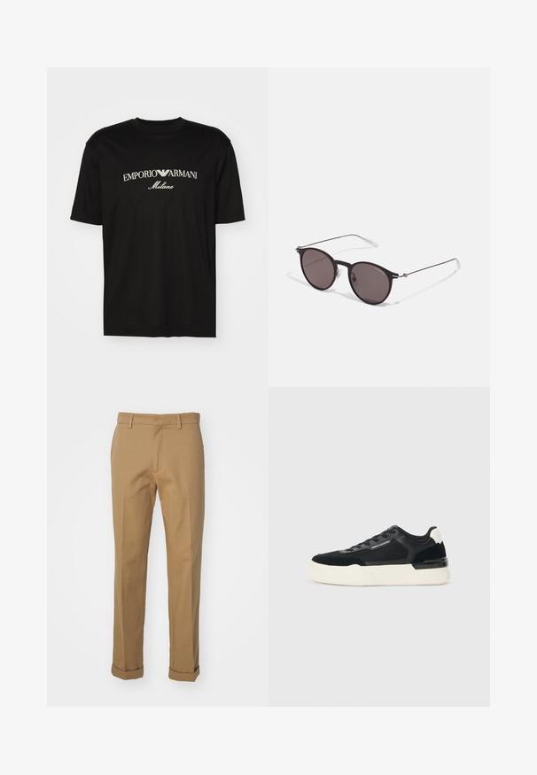 Svart bomulls T-skjorte med rund hals, korte ermer og "EMPORIO ARMANI" logo i hvitt over "Milano" i en buet design.; Brune bomullbukser med rette ben, med rullet kant, to frontlommer og en glatt tekstur.; Svart sneaker laget av mesh og lær, med en tykk hvit såle og kontrasterende detaljer. Lissene og logoen er detaljer på siden.; Sorte, runde solbriller med mørke linser og slanke metalarmer. Inkluderer klare temple tips og sølvfargede detaljer ved hengslet. Minimalistisk design.