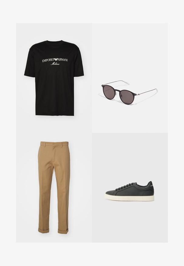 Svart bomulls T-skjorte med rund hals, korte ermer og "EMPORIO ARMANI" logo i hvitt over "Milano" i en buet design.; Brune bomullbukser med rette ben, med rullet kant, to frontlommer og en glatt tekstur.; Svart skinnsneaker med lav profil, rund tå og snøring; har en teksturert gummisåle og logo-detalj på hælen.; Sorte, runde solbriller med mørke linser og slanke metalarmer. Inkluderer klare temple tips og sølvfargede detaljer ved hengslet. Minimalistisk design.