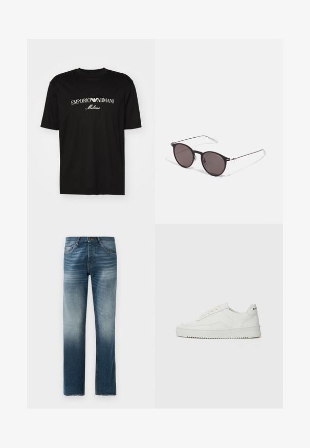Camiseta de algodón negra con cuello redondo, mangas cortas y el logo de "EMPORIO ARMANI" en blanco sobre "Milano" en un diseño curvado.; Jeans de mezclilla en azul oscuro con desvanecimiento, diseño de pierna recta. Cuenta con cinco bolsillos, cinturilla estándar con presillas para cinturón y cierre de botón metálico.; Zapatilla de cuero blanca con un acabado suave, puntera redonda, cordones planos y suela texturizada. Cuenta con un sutil logo en el talón.; Gafas de sol redondas negras con lentes oscuros y brazos metálicos delgados. Incluye puntas de varilla transparentes y acentos plateados en la bisagra. Diseño minimalista.