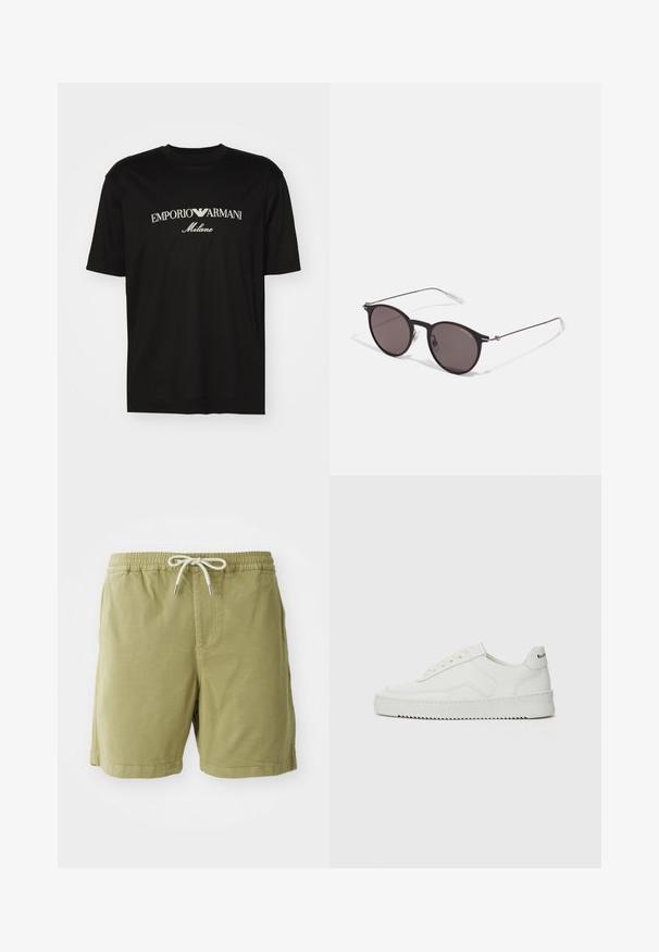 Svart bomulls T-skjorte med rund hals, korte ermer og "EMPORIO ARMANI" logo i hvitt over "Milano" i en buet design.; NN.07 GREGOR - Shorts - green; Hvite lærersneakers med en jevn overflate, rund tå, flate lisser og en teksturert såle. Har en subtil logo på hælen.; Sorte, runde solbriller med mørke linser og slanke metalarmer. Inkluderer klare temple tips og sølvfargede detaljer ved hengslet. Minimalistisk design.