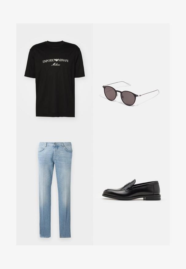 Črna bombažna majica s krožnim izrezom, kratkimi rokavi in logotipom "EMPORIO ARMANI" v beli barvi nad napisom "Milano" v ukrivljenem oblikovanju.; Svetlo modri jeans z ravnim krojem, subtilno bledenje, pet žepni dizajn in gumba za zapiranje v pasu.; Črne usnjene loafer čevlje z gladko teksturo, zaobljenim nosom in dekorativnim trakom čez zgornji del. Nizka zložena peta, minimalističen dizajn.; Črne okrogla sončna očala s temnimi lečami in tankimi kovinskimi ročaji. Vključujejo prosojne konec ročajev in srebrne poudarke na tečaju. Minimalističen dizajn.