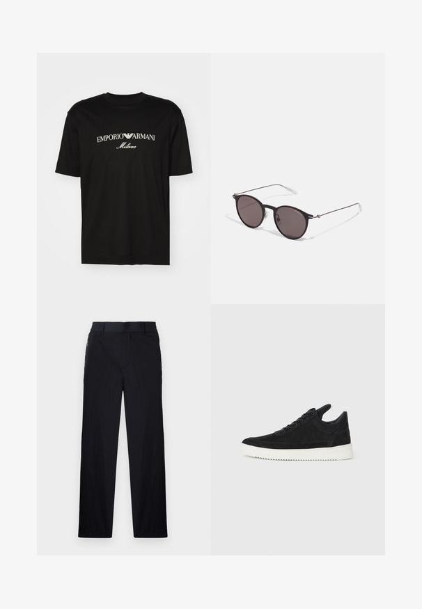 Tricou negru din bumbac cu guler rotund, mâneci scurte și logo-ul "EMPORIO ARMANI" în alb deasupra cuvântului "Milano" într-un design curbat.; Pantaloni negri dintr-un material ușor, texturat, cu croială drept pentru picioare, talie elastică și buzunare laterale cu fermoar.; Sneakers negre din suede cu o talpă din cauciuc albă, prezentând cusături tonale și un design cu șireturi. Textură netedă cu o formă modernă și aerodinamică.; Ochelari de soare negri rotunzi cu lentile întunecate și brațe metalice subțiri. Include vârfuri transparente pentru brate și accente argintii la balama. Design minimalist.