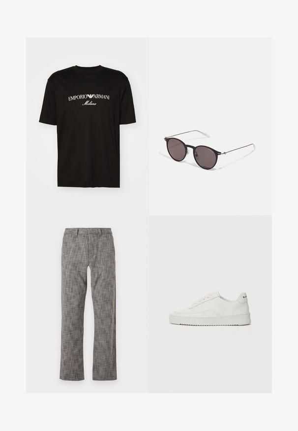 Black cotton T-shirt featuring a round neckline, short sleeves, and "EMPORIO ARMANI" logo in white above "Milano" in a curved design.; Gray patterned trousers with a straight-leg design. Made from a textured fabric, featuring a front clasp and side pockets.; White leather sneaker with a smooth finish, round toe, flat laces, and a textured sole. Features a subtle logo on the heel.; Black round sunglasses with dark lenses and slim metal arms. Includes clear temple tips and silver accents at the hinge. Minimalist design.