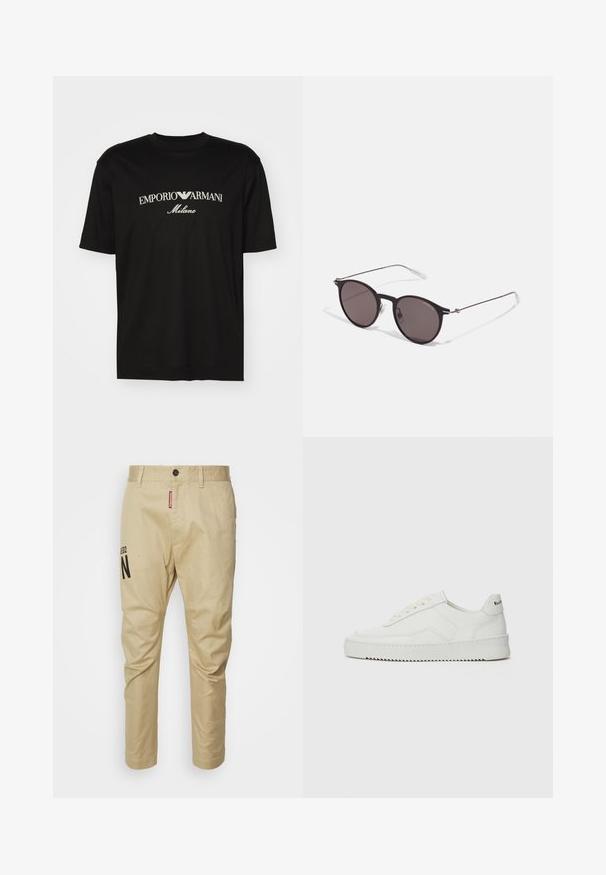 Schwarzes Baumwoll-T-Shirt mit Rundhalsausschnitt, kurzen Ärmeln und dem "EMPORIO ARMANI"-Logo in Weiß über dem geschwungenen Schriftzug "Milano".; Beige Baumwollhose mit geradem Bein, Frontknopfverschluss und einem bedruckten schwarzen "N"-Logo am linken Bein.; Weiße Ledersneaker mit glatter Oberfläche, runder Zehenpartie, flachen Schnürsenkeln und strukturiertem Sohlenprofil. Mit einem dezenten Logo an der Ferse.; Schwarze runde Sonnenbrille mit dunklen Gläsern und schlanken Metallbügeln. Enthält klare Tempelspitzen und silberne Akzente am Scharnier. Minimalistisches Design.