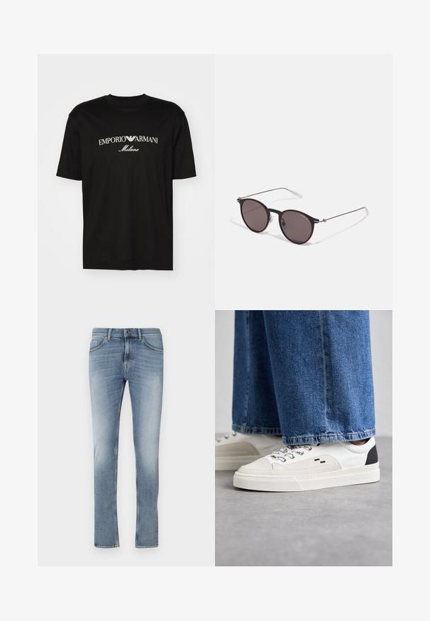 Fekete pamut póló, kerek nyakkal, rövid ujjakkal, rajta fehér "EMPORIO ARMANI" logó, a "Milano" felirattal ívelt formában.; Világoskék farmernadrág egyenes szabással, gombos zipzárral, elülső zsebekkel és enyhe kopásokkal a combokon.; Fehér és fekete sportcipők sima bőrből készült felsőrésszel, texturált díszítésekkel és vastag fehér talppal. Klasszikus fűzős kivitel jellemzi.; Fekete kerek napszemüveg sötét lencsékkel és karcsú fém szárakkal. Átlátszó szárvégeket és ezüst részleteket tartalmaz az ívnél. Minimalista dizájn.