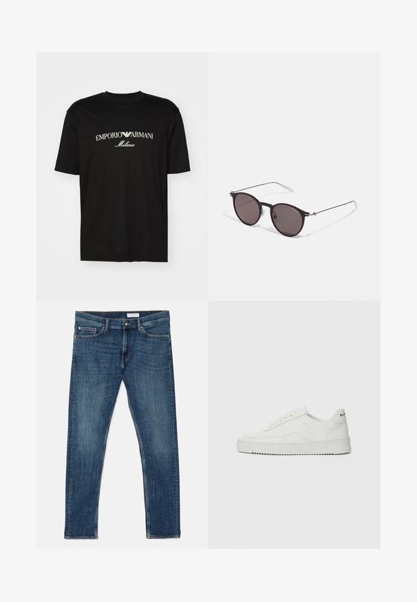 Czarny bawełniany T-shirt z okrągłym dekoltem, krótkimi rękawami oraz białym logo "EMPORIO ARMANI" nad napisem "Milano" w zakrzywionym kształcie.; Granatowe dżinsy o slim fit, klasyczny pięciopocketowy design, widoczne szwy i dopasowany pas. Brak ozdób lub wzorów.; Białe skórzane sneakersy o gładkim wykończeniu, okrągłym nosku, płaskich sznurówkach i teksturowanej podeszwie. Charakteryzują się delikatnym logo na pięcie.; Czarne okrągłe okulary przeciwsłoneczne z ciemnymi soczewkami i smukłymi metalowymi ramkami. Zawierają przezroczyste końcówki zauszników oraz srebrne akcenty przy zawiasie. Minimalistyczny design.