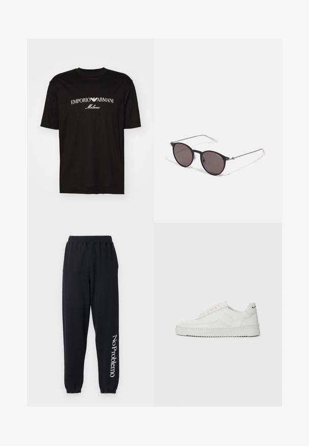 Sort bomulds T-shirt med rund halsudskæring, korte ærmer og "EMPORIO ARMANI" logo i hvid over "Milano" i et buet design.; Sorte sweatpants lavet af blødt stof, med en tapered design og elastiske manchetter. "No Problemo" trykt i hvidt ned ad venstre ben.; Hvide lædersneakers med en glat overflade, rund tå, flade snørebånd og en tekstureret sål. Har et diskret logo på hælen.; Sorte runde solbriller med mørke linser og slanke metalarme. Inkluderer klare tempeltips og sølvdetaljer ved hængslet. Minimalistisk design.
