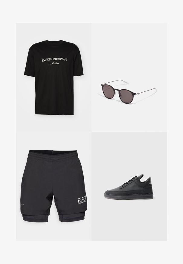 Svart bomulls T-skjorte med rund hals, korte ermer og "EMPORIO ARMANI" logo i hvitt over "Milano" i en buet design.; Svarte atletiske shorts med et tilpasset indre lag, elastisk midje og logo-detaljer på nederste venstre ben. Laget av lett stoff.; svarte lær sneakers med en teksturert overflate, snøring, lav topp, og en grå gummi såle med en ribbet kant.; Sorte, runde solbriller med mørke linser og slanke metalarmer. Inkluderer klare temple tips og sølvfargede detaljer ved hengslet. Minimalistisk design.
