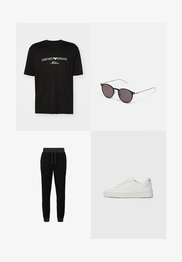 Musta puuvillapaita, jossa on pyöreä kaula-aukko, lyhyet hihat ja valkoinen "EMPORIO ARMANI" -logo, jonka yläpuolella on kaarevassa muodossa "Milano".; Mustat velfor-housut, joissa on ribbikuvioitu vyötärö ja hihansuut, mukana nyöri ja pieni logodetaili alareunassa.; Valkoinen nahkakenkä, jossa on sileä pinta, pyöreä kärki, tasaiset nauhat ja teksturoitu pohja. Sisältää huomaamattoman logon kantapäässä.; Musta pyöreä aurinkolasit tummilla linsseillä ja kapeilla metallikehyksillä. Sisältää kirkkaat temppelet ja hopeiset yksityiskohdat saranassa. Minimalistinen muotoilu.