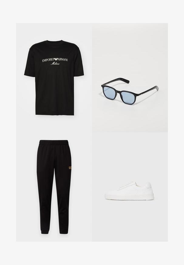 T-shirt de algodão preta com gola redonda, mangas curtas e o logo "EMPORIO ARMANI" em branco acima de "Milano" num design curvo.; Calças de treino pretas com um cós elástico, punhos ajustados e um pequeno logótipo amarelo na parte superior da perna esquerda. Tecido suave e liso.; Sapatilha branca com um cabedal de couro suave, bico arredondado, atacadores, detalhes texturizados nas laterais e uma sola de borracha grossa. Design minimalista.; Óculos de sol pretos com armações retangulares, lentes azul claro e textura de plástico lisa. Apresenta hastes finas com um discreto detalhe do logótipo.